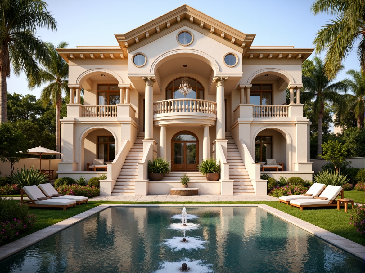 Prompt: Elegant villa facade, symmetrical composition, classical architectural style, ornate columns, arches, pediments, grand entrance, sweeping staircases, crystal chandeliers, lavish furnishings, marble floors, intricate moldings, soft golden lighting, warm beige tones, lush greenery, manicured lawns, serene water features, reflective pool surfaces, majestic fountain sculptures, vibrant flower arrangements, 1/1 composition, central axis symmetry, realistic textures, ambient occlusion.