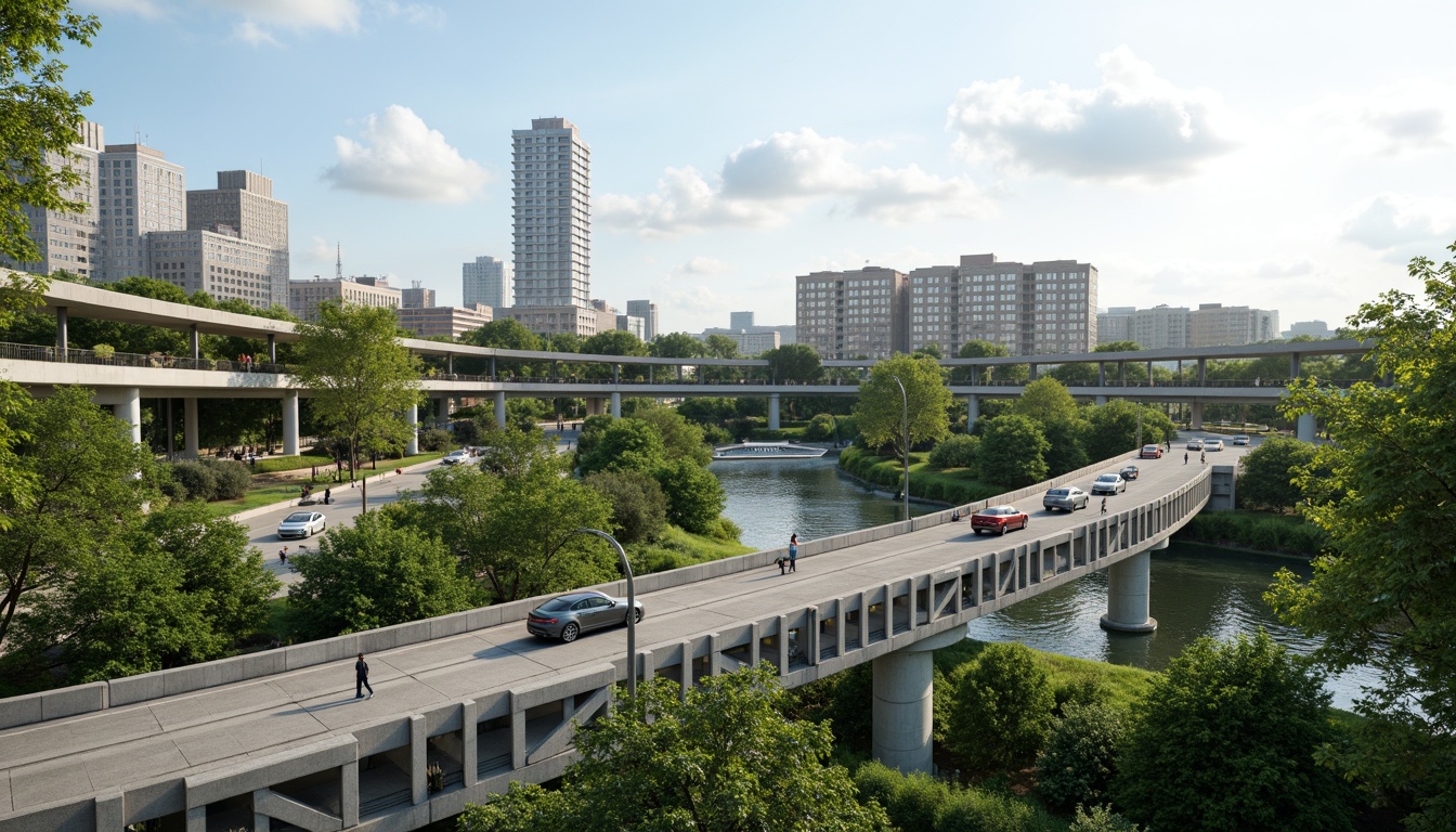 Prompt: Eco-friendly vehicular bridge, lush greenery, solar panels, wind turbines, energy-harvesting roads, sustainable building materials, recycled steel structures, low-carbon concrete, optimized traffic flow, reduced emissions, urban connectivity, modern architecture, sleek lines, minimalist design, natural ventilation systems, rainwater harvesting, grey water reuse, native plant species, habitat restoration, wildlife crossing, LED lighting, smart traffic management, real-time monitoring systems, 3/4 composition, panoramic view, realistic textures, ambient occlusion.