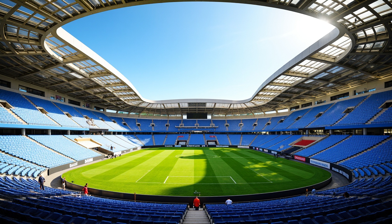 Prompt: Vibrant sports stadium, electric blue seats, lush green grass, warm beige concourses, dynamic LED lights, bold team color accents, metallic silver railings, sleek modern architecture, expansive open spaces, bright sunny day, soft natural lighting, shallow depth of field, 3/4 composition, panoramic view, realistic textures, ambient occlusion.