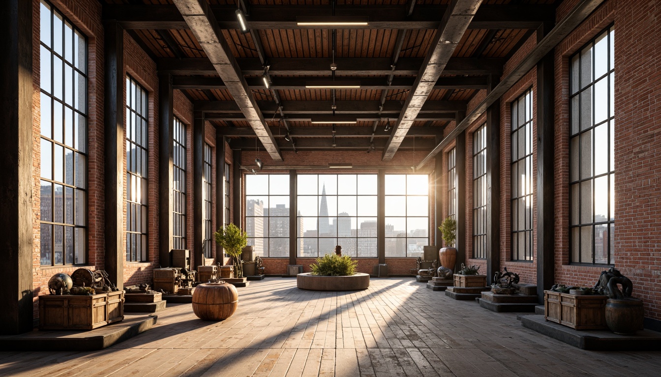 Prompt: Historic industrial building, exposed brick facade, metal beams, wooden floors, vintage machinery, repurposed factory space, modern interior design, minimalist aesthetic, natural light pouring in, large windows, steel columns, reclaimed wood accents, earthy color palette, urban landscape, city skyline, afternoon sunlight, soft warm lighting, shallow depth of field, 1/2 composition, realistic textures, ambient occlusion.