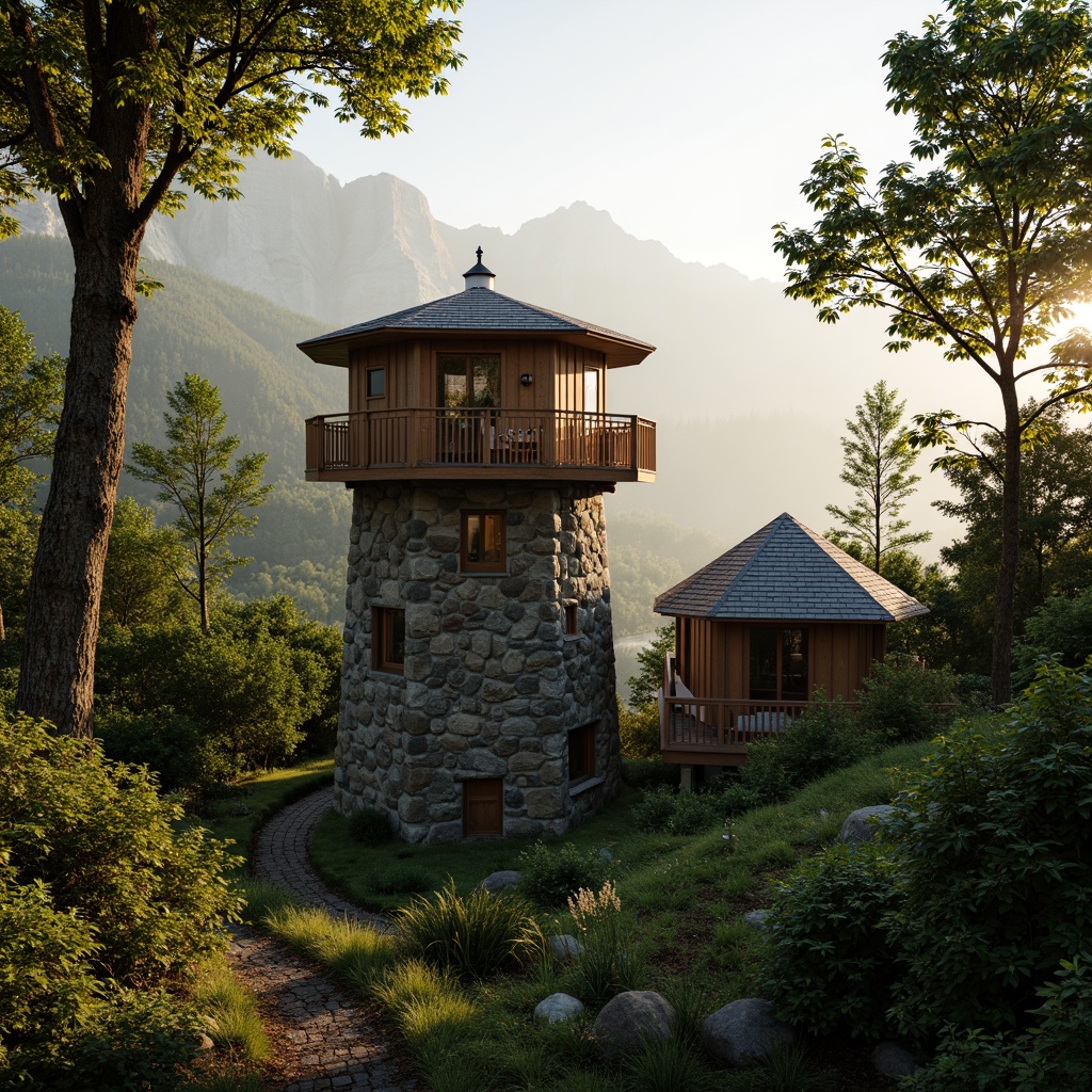 Prompt: \Watchtower nestled in lush forest, rustic stone walls, wooden accents, verdant foliage, meandering hiking trails, serene mountain vistas, misty atmospheric effects, warm golden lighting, shallow depth of field, 1/2 composition, panoramic view, realistic textures, ambient occlusion, natural blending with surroundings, organic curves, earthy tones, secluded observation decks, telescopes, binoculars, wooden railings, rustic benches, scenic lookout points.\