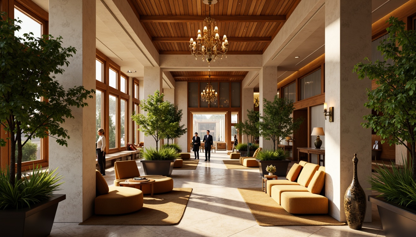 Prompt: Luxurious hotel lobby, rich wood accents, warm beige tones, soft gold lighting, plush velvet furniture, vibrant emerald greenery, natural stone walls, elegant chandeliers, subtle bronze details, calming ambiance, soft focus, shallow depth of field, 1/1 composition, realistic textures, ambient occlusion.