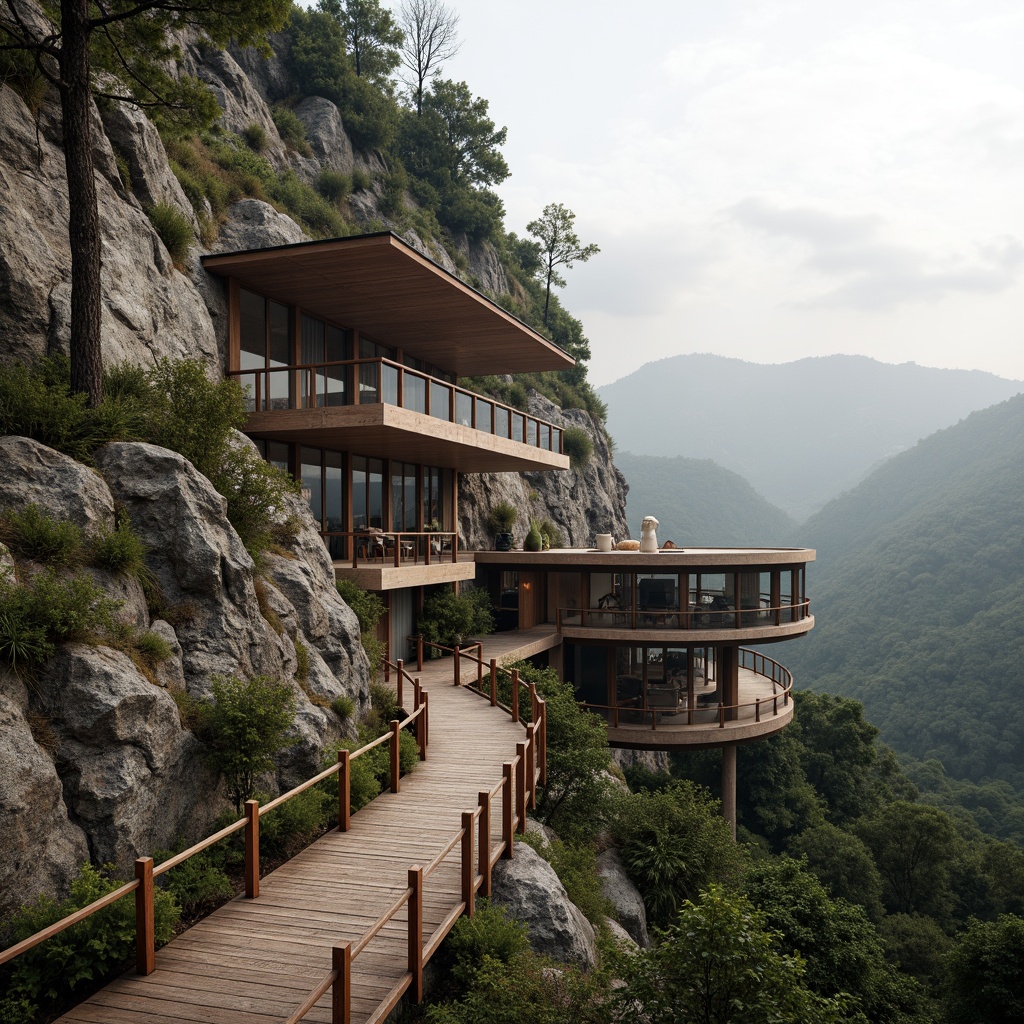 Prompt: Winding mountain paths, rustic wooden railings, observation decks, panoramic views, rugged stone walls, earthy color schemes, natural ventilation systems, cantilevered roofs, minimalistic architecture, steel frame structures, floor-to-ceiling windows, surrounding forest landscapes, misty morning atmosphere, soft diffused lighting, 1/1 composition, realistic foliage textures, ambient occlusion.