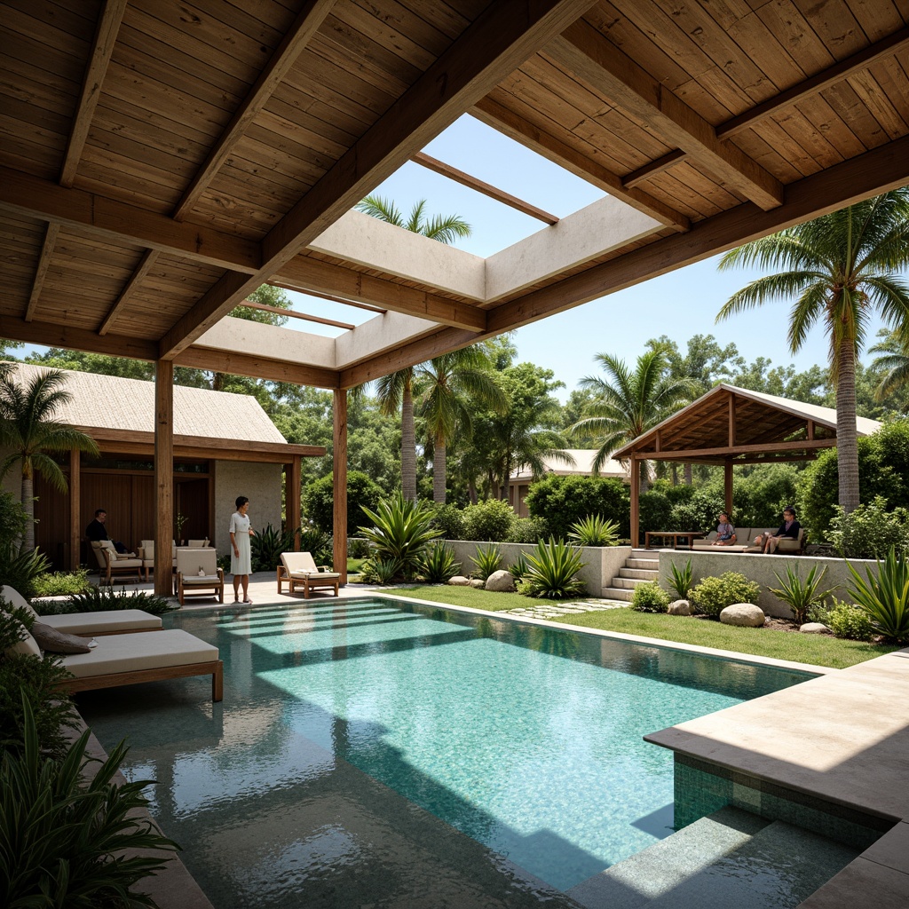 Prompt: Rustic swimming pool, natural ventilation systems, wooden beam ceilings, exposed ductwork, clerestory windows, skylights, earthy tones, stonework walls, green roofs, lush vegetation, tropical plants, palm trees, sunny day, soft warm lighting, shallow depth of field, 3/4 composition, panoramic view, realistic textures, ambient occlusion.