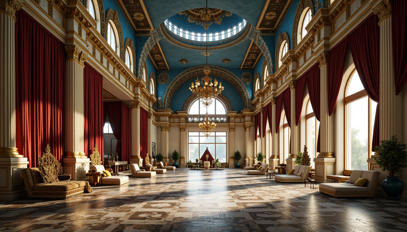 Prompt: Byzantine palace, ornate architecture, azure domes, golden accents, intricate mosaics, ornamental columns, grand archways, lavish furnishings, velvet drapes, bejeweled chandeliers, rich tapestries, regal thrones, Byzantine patterns, celestial blues, heavenly whites, warm golds, soft creams, dramatic shadows, warm lighting, 1/2 composition, cinematic angle, ornate textures, atmospheric perspective.