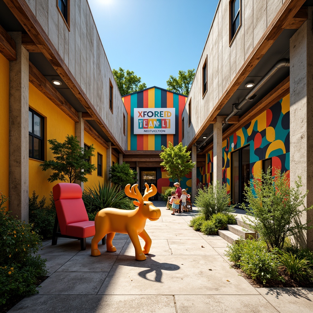 Prompt: Vibrant zoo constructivism scene, bold geometric shapes, bright primary colors, playful animal sculptures, abstracted foliage, textured concrete walls, industrial metal beams, exposed pipes, distressed wood accents, eclectic signage, whimsical typography, sunny day, high contrast lighting, deep shadows, 1/1 composition, detailed textures, ambient occlusion.Note