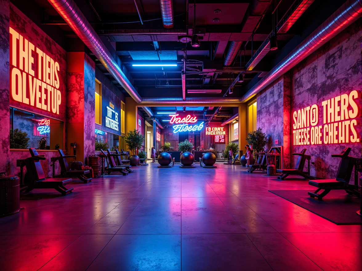 Prompt: Vibrant fitness studio, energetic atmosphere, bold color scheme, dynamic lighting, motivational quotes, modern equipment, sleek flooring, mirrored walls, high ceilings, urban loft-inspired design, industrial chic accents, neon signs, pulsing LED lights, intense reds, deep blues, electric yellows, metallic silvers, concrete textures, reclaimed wood features, abstract graffiti patterns, futuristic architecture elements, dramatic shadows, 3/4 composition, panoramic view, realistic reflections, ambient occlusion.