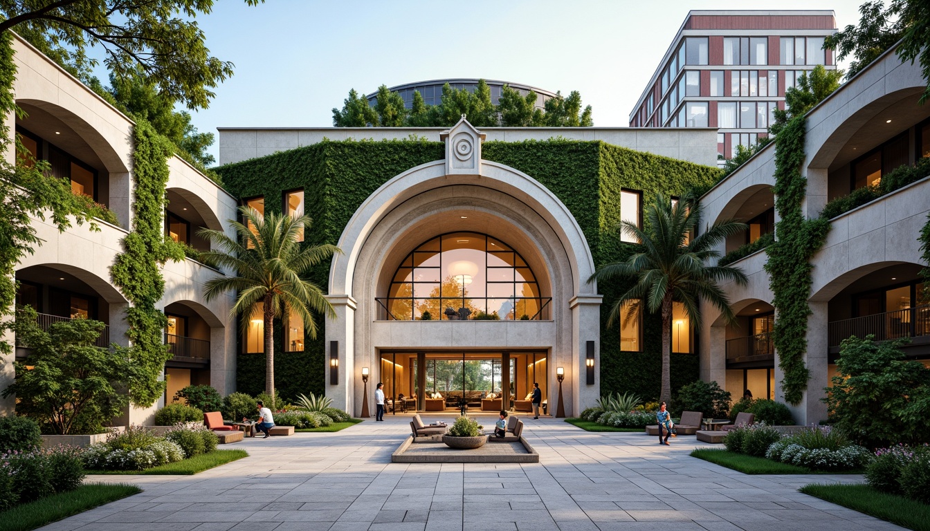 Prompt: Grand theater entrance, elegant archways, ornate columns, lush green walls, living roofs, natural stone cladding, curved glass facades, minimalist modern design, energy-efficient systems, rainwater harvesting, eco-friendly materials, vibrant colorful accents, intricate geometric patterns, shallow depth of field, 1/1 composition, soft warm lighting, realistic textures, ambient occlusion.