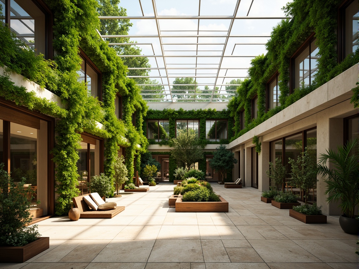 Prompt: Vibrant atrium, lush green walls, natural stone flooring, floor-to-ceiling windows, clerestory rooflights, skylights, transparent glass doors, minimalist interior design, open-plan living spaces, warm earthy tones, organic textures, soft diffused lighting, indirect sunlight, subtle shadows, 1/1 composition, shallow depth of field, realistic renderings.