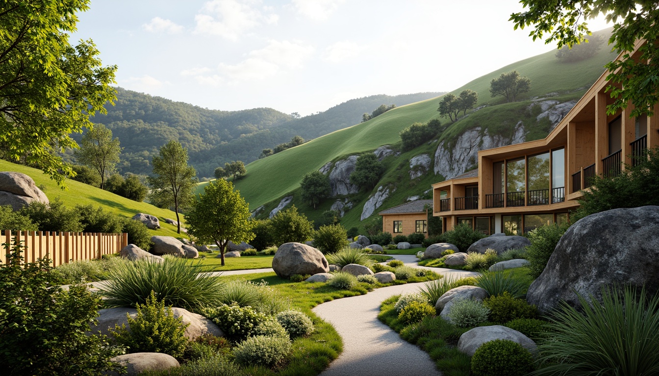 Prompt: Harmonious landscape integration, rolling hills, lush greenery, meandering pathways, native plant species, organic architecture, curved lines, natural stone walls, wooden accents, earthy color palette, soft warm lighting, shallow depth of field, 3/4 composition, panoramic view, realistic textures, ambient occlusion, eco-friendly materials, sustainable design principles, minimal environmental impact, blending boundaries, seamless transitions, contextual sensitivity, holistic approach.