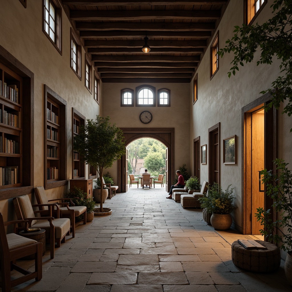 Prompt: Serenity monastery courtyard, simple stone pathways, subtle lighting, rustic wooden doors, vaulted ceilings, arched windows, minimalist furniture, ancient tomes, leather-bound books, dimly lit study areas, secluded reading nooks, natural material textures, earthy color palette, soft diffused light, shallow depth of field, 1/1 composition, intimate atmosphere, subtle shadowing, ambient occlusion.