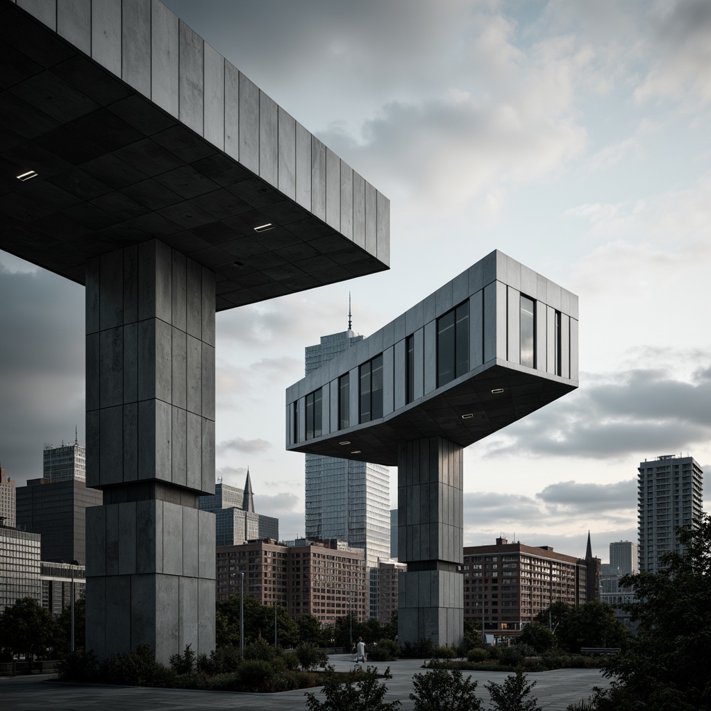 Prompt: Sleek watching towers, modernist architecture, cantilevered floors, angular steel beams, exposed ductwork, industrial-style lighting, concrete foundations, geometric shapes, minimalist aesthetic, monochromatic color scheme, urban cityscape background, cloudy grey sky, dramatic shadows, high-contrast lighting, shallow depth of field, 1/1 composition, cinematic camera angle, realistic metallic textures, subtle ambient occlusion.