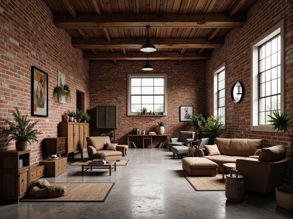 Prompt: Rustic warehouse, exposed brick walls, wooden beams, metal trusses, industrial chic decor, distressed concrete floors, vintage machinery, reclaimed wood accents, earthy color palette, natural stone foundations, steel frame structures, corrugated metal cladding, functional minimalism, abundant natural light, high ceilings, open space planning, eclectic decorative elements, antique fixtures, worn leather furniture, rich textiles, warm atmospheric lighting, 1/1 composition, soft focus blur, realistic textures, ambient occlusion.