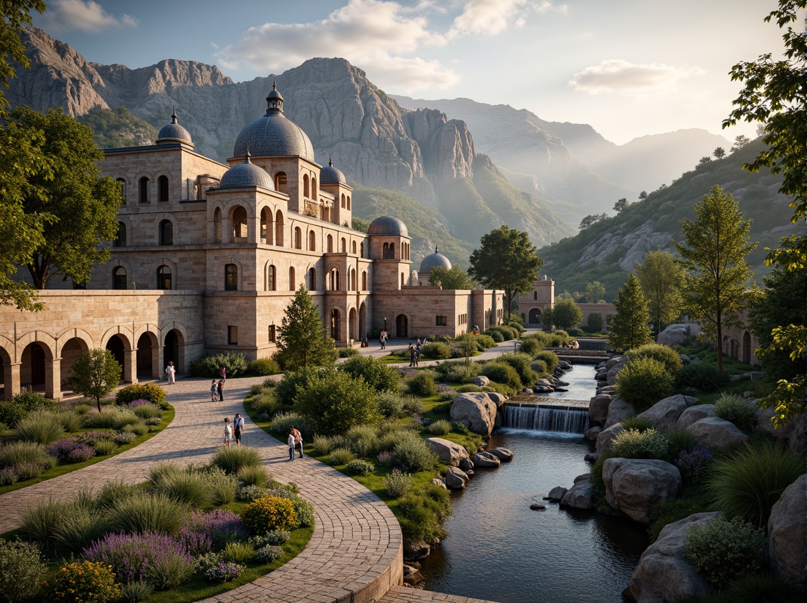 Prompt: Majestic Byzantine monastery, rugged mountain backdrop, weathered stone walls, ornate arches, grand domes, intricate mosaics, lush greenery, olive trees, lavender fields, winding cobblestone paths, rustic wooden bridges, serene water features, gentle cascades, natural rock formations, moss-covered boulders, warm golden lighting, soft atmospheric fog, shallow depth of field, 1/2 composition, symmetrical framing, rich textures, ambient occlusion.