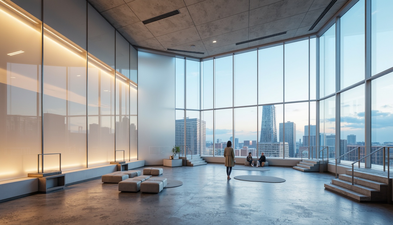 Prompt: Ethereal interior, translucent glass walls, delicate LED lighting, minimalist decor, sleek metal accents, subtle reflections, soft pastel hues, airy atmosphere, natural stone flooring, cantilevered staircases, floor-to-ceiling windows, panoramic city views, warm ambient glow, shallow depth of field, 1/1 composition, realistic textures, ambient occlusion.