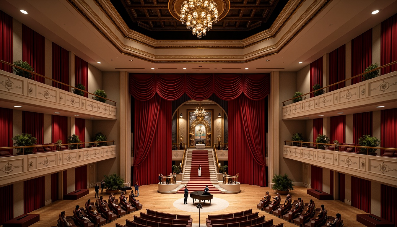 Prompt: Grand concert house interior, luxurious velvet curtains, polished wooden floors, acoustic soundproofing, raised stage platforms, professional lighting systems, comfortable seating areas, ornate chandeliers, elegant staircases, lavish furnishings, rich wood paneling, state-of-the-art audio equipment, intimate performance spaces, dramatic ceiling heights, grand pianos, sophisticated color schemes, warm ambient lighting, shallow depth of field, 2/3 composition, realistic textures, ambient occlusion.