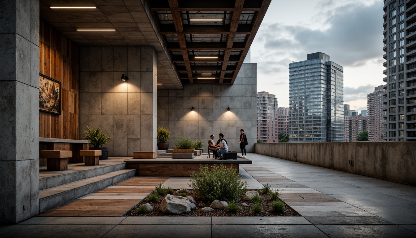 Prompt: Rustic concrete walls, exposed metal beams, reclaimed wood accents, industrial-style lighting fixtures, polished steel surfaces, brutalist architecture, urban cityscape, overcast sky, dramatic shadows, high-contrast lighting, shallow depth of field, 2/3 composition, realistic textures, ambient occlusion, weathered finishes, distressed materials, deconstructivist elements, avant-garde design.