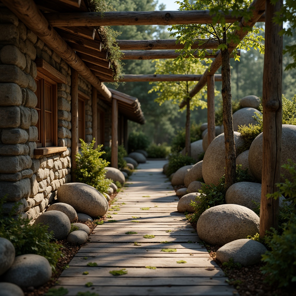 Prompt: Rustic wooden planks, weathered stone walls, rough-hewn boulders, organic natural forms, earthy color palette, warm ambient lighting, soft focus effect, shallow depth of field, 2/3 composition, detailed normal maps, realistic surface imperfections, subtle texture variations, earthy scent, serene atmosphere, natural surroundings, forest floor, moss-covered rocks.