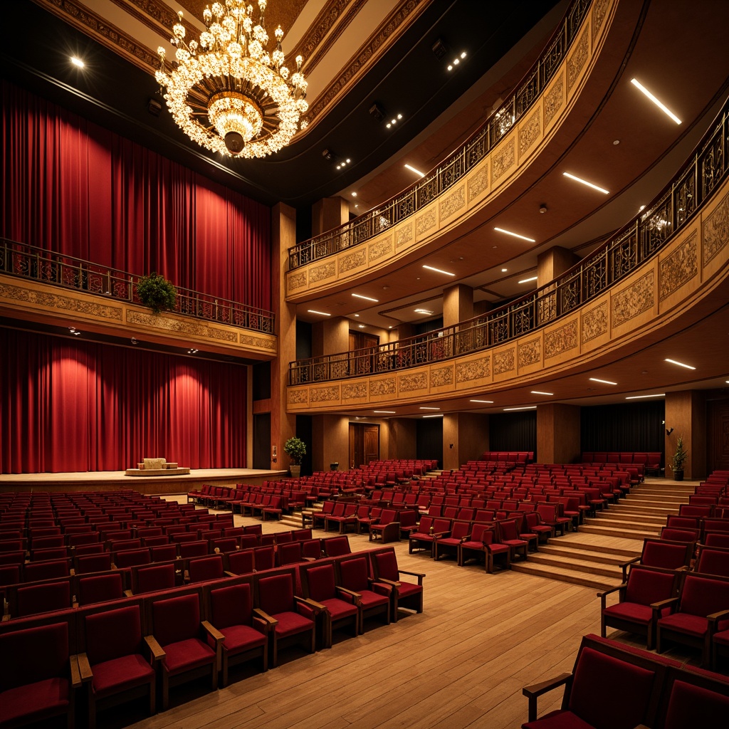 Prompt: Luxurious auditorium interior, tiered seating, plush velvet chairs, polished wooden floors, grand chandeliers, sweeping staircases, curved balconies, ornate metal railings, vibrant red curtains, dramatic spotlights, warm golden lighting, shallow depth of field, 2/3 composition, symmetrical framing, realistic textures, ambient occlusion.