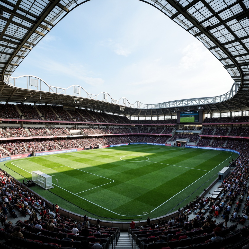 Prompt: Soccer stadium, grandstand seating, lush green grass, athletic tracks, goalposts, scoreboards, floodlights, modern architecture, curved lines, sleek metal structures, transparent roofs, open concourses, concession stands, restrooms, VIP lounges, media boxes, broadcasting equipment, clear sightlines, unobstructed views, 1/1 composition, high-angle shot, dramatic lighting, vivid colors, energetic atmosphere, cheering crowds.