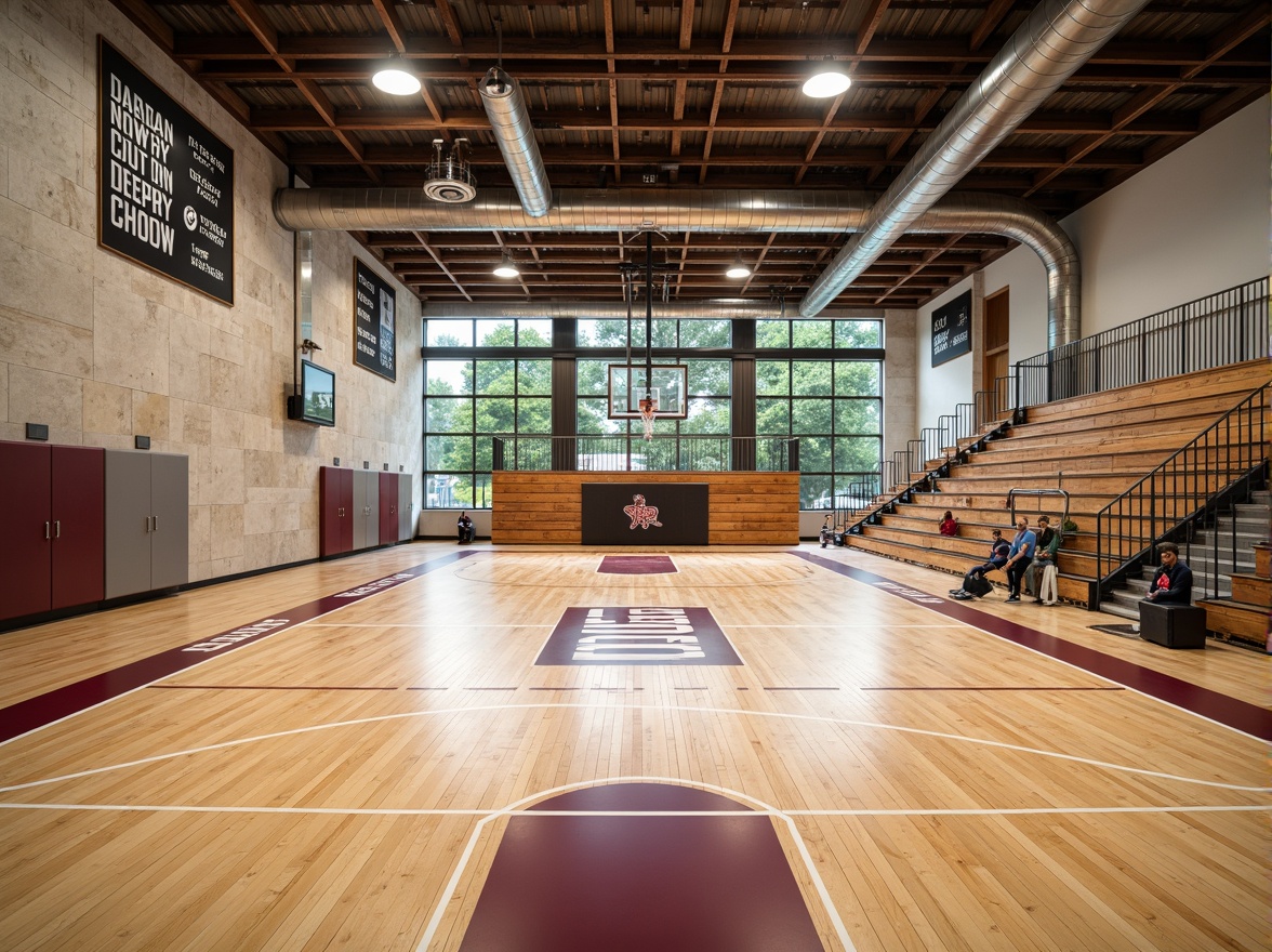 Prompt: Modern gymnasium interior, polished wood flooring, basketball court lines, sports equipment storage, athletic logo branding, motivational quotes, natural stone walls, exposed ductwork ceiling, industrial-style lighting fixtures, wooden bleacher seating, floor-to-ceiling windows, abundant natural light, soft warm color scheme, 1/2 composition, realistic textures, ambient occlusion.