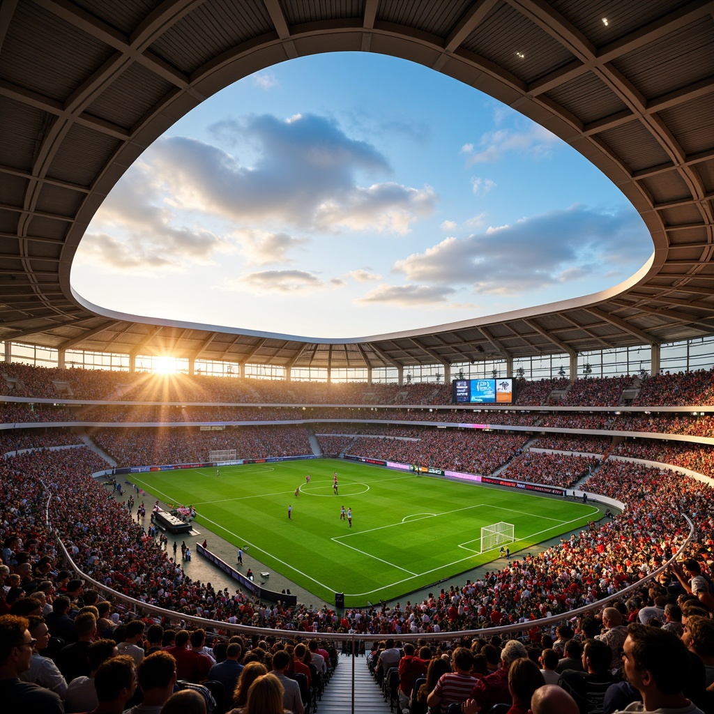 Prompt: Vibrant sports stadium, energetic crowd, lush green grass, bold team colors, dynamic LED lighting, sleek modern architecture, polished metal surfaces, gleaming glass facades, warm beige concrete, sturdy steel beams, atmospheric evening ambiance, soft golden sunset, dramatic floodlights, 1/2 composition, cinematic camera angles, realistic shading, ambient occlusion.