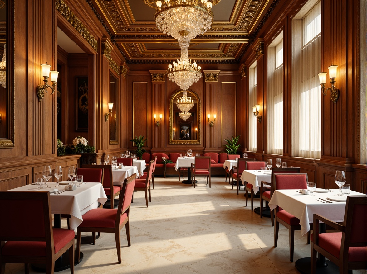 Prompt: Elegant neoclassical restaurant, rich wood paneling, ornate gold molding, cream-colored marble floors, soft warm lighting, crystal chandeliers, velvet drapes, luxurious fabrics, intricate plaster ceiling details, classical columns, carved wooden furniture, antique bronze hardware, ornamental mirrors, subtle texture contrasts, realistic reflections, shallow depth of field, 1/1 composition, atmospheric ambiance.