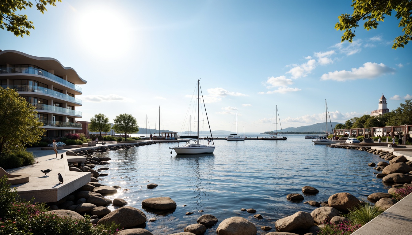 Prompt: Sparkling waterfront, ocean views, sailboats, seagulls, wooden docks, nautical ropes, seaside promenade, modern harbor architecture, glass balconies, cantilevered roofs, wave-inspired curves, beachy vibe, sunny day, soft warm lighting, shallow depth of field, 3/4 composition, panoramic view, realistic textures, ambient occlusion, rippling water effects, seaweed-covered rocks, driftwood decorations, ocean-blue color scheme, natural stone paving, coastal landscaping, scenic lookout points.