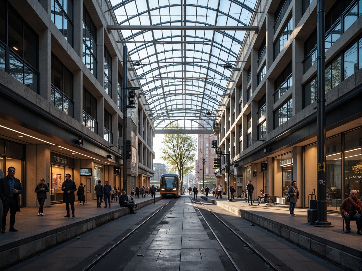 Prompt: Modern tram station, sleek metal framework, large glass roofs, natural light pouring in, warm LED lighting, subtle color temperature, ambient illumination, spotlights on platforms, safety-focused lighting design, energy-efficient solutions, sustainable materials, minimalist aesthetic, urban cityscape, rush hour crowds, morning sunlight, soft shadows, high contrast ratio, 1/2 composition, realistic textures, shallow depth of field.