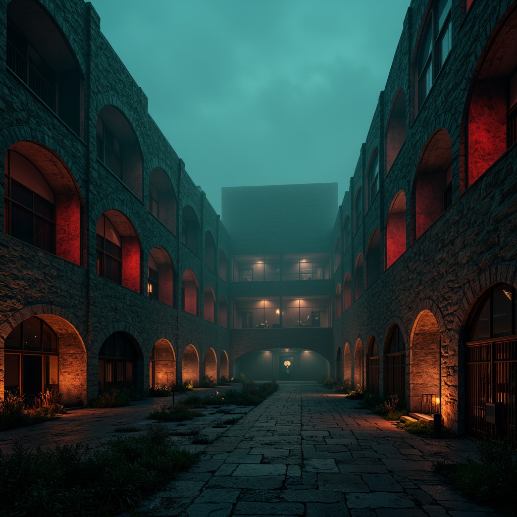 Prompt: Dark, ominous stadium, medieval-inspired architecture, stone walls, grandiose arches, mysterious ambiance, eerie fog, dim warm lighting, bold crimson accents, deep navy blues, rich emerald greens, weathered copper details, dramatic shadows, high contrast ratios, cinematic atmosphere, misty evenings, ancient ruins, mystical auras.