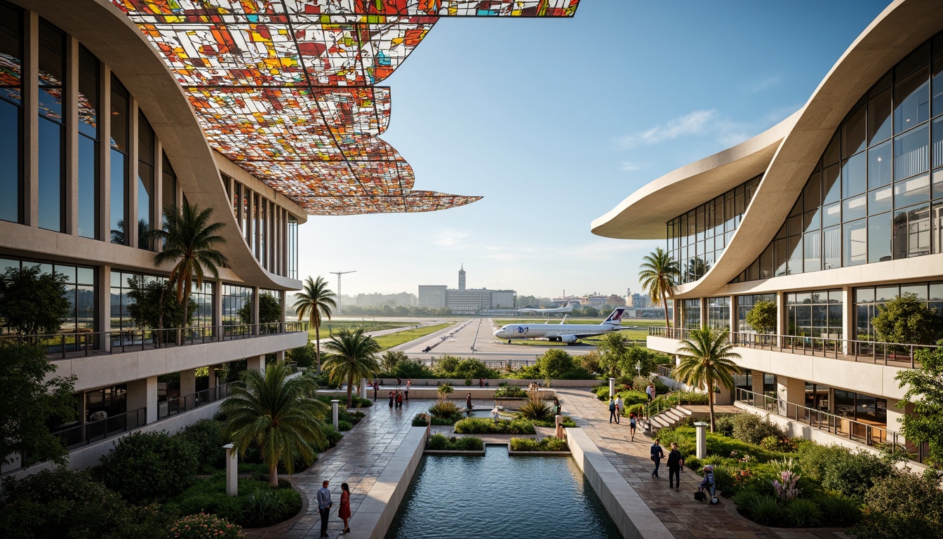 Prompt: Airport terminal, eclectic architecture, curved lines, glass facades, steel beams, vibrant colors, cultural patterns, natural stone walls, lush greenery, indoor gardens, tropical plants, water features, grand staircases, spacious atriums, soft warm lighting, shallow depth of field, 3/4 composition, panoramic view, realistic textures, ambient occlusion, urban landscape integration, airport runway views, aircraft movements, morning fog, sunny day, cloudless blue sky.