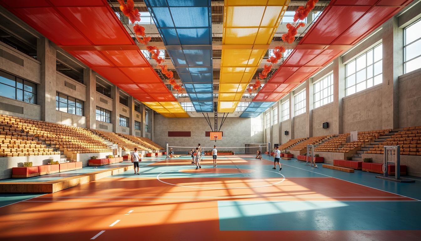 Prompt: Vibrant sports hall, dynamic fabric structures, suspended textile ceilings, colorful athletic tracks, modern gym equipment, basketball hoops, volleyball nets, athletic flooring, sound-absorbing materials, natural ventilation systems, abundant daylight, warm color scheme, textured concrete walls, minimalist design, flexible seating areas, acoustic panels, functional lighting systems, 3/4 composition, shallow depth of field, realistic textures.