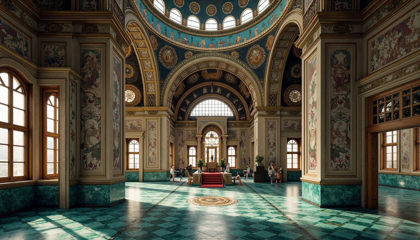 Prompt: Intricate mosaics, Byzantine architecture, grand domes, ornate arches, lavish frescoes, rich azure hues, golden accents, luxurious marble floors, ornamental columns, vibrant turquoise tiles, majestic stone carvings, mystical ambiance, soft warm lighting, subtle shadows, dramatic depth of field, 1/1 composition, symmetrical framing, high contrast ratios, realistic textures, ambient occlusion.