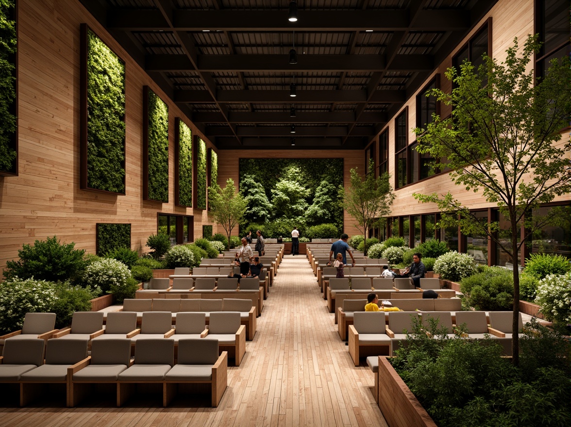 Prompt: Eco-friendly theater, reclaimed wood accents, living green walls, bamboo flooring, low-VOC paints, sustainable fabric seating, recycled metal structures, natural stone fa\u00e7ade, energy-efficient LED lighting, solar panels, rainwater harvesting system, organic garden rooftops, native plant species, earthy color palette, warm ambient lighting, shallow depth of field, 3/4 composition, panoramic view, realistic textures, ambient occlusion.