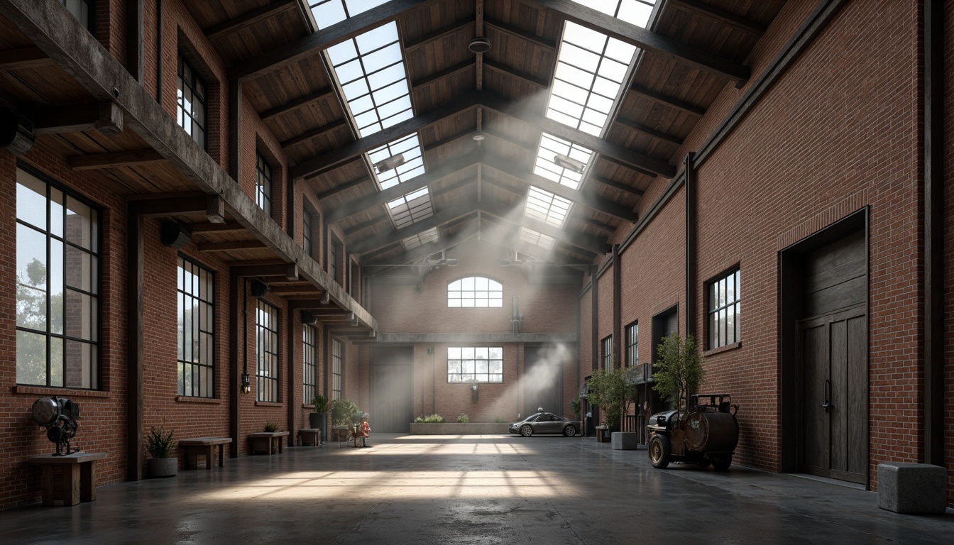 Prompt: Exposed brick walls, rustic wooden beams, steel frame structures, industrial metal roofing, clerestory windows, concrete flooring, distressed finishes, vintage machinery, reclaimed wood accents, urban loft atmosphere, dramatic overhead lighting, atmospheric fog effects, shallow depth of field, 2/3 composition, gritty realistic textures, ambient occlusion.