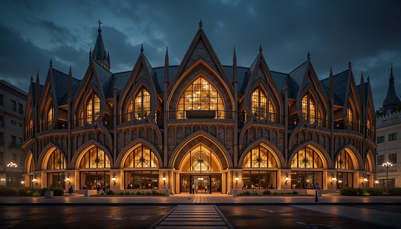 Prompt: Gothic-inspired soccer stadium facade, intricate stone carvings, pointed arches, ribbed vaults, flying buttresses, grand entrance gates, ornate metalwork, stained glass windows, steeply pitched roofs, towering spires, dramatic nighttime lighting, warm golden illumination, high-contrast shadows, atmospheric mist, 1/1 composition, symmetrical framing, realistic stone textures, ambient occlusion.Let me know if you need any adjustments!