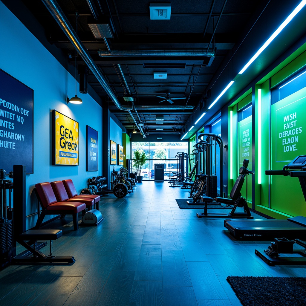 Prompt: Vibrant fitness studio, energetic atmosphere, bold color scheme, deep blues, bright whites, neon greens, motivational quotes, sleek equipment, modern architecture, polished wood floors, dynamic lighting, shallow depth of field, 1/1 composition, realistic textures, ambient occlusion.