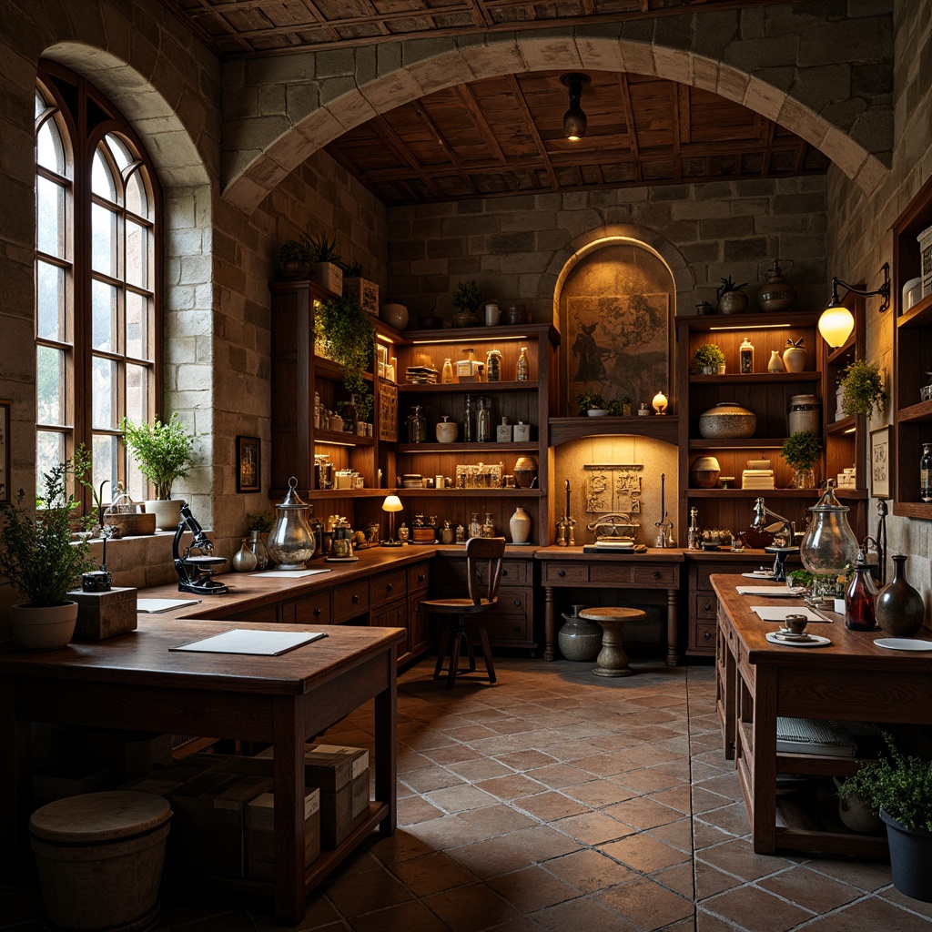 Prompt: Romantic laboratory interior, ornate wooden furnishings, distressed stone walls, vintage scientific equipment, antique microscopes, rusty metal shelves, old-fashioned lanterns, mysterious apothecary jars, dim warm lighting, soft focus, shallow depth of field, 1/2 composition, warm color palette, nostalgic atmosphere, worn leather-bound tomes, ancient manuscripts, curious artifacts, whimsical sketches, intricate Gothic arches, rich velvet drapes, ornamental candelabras.