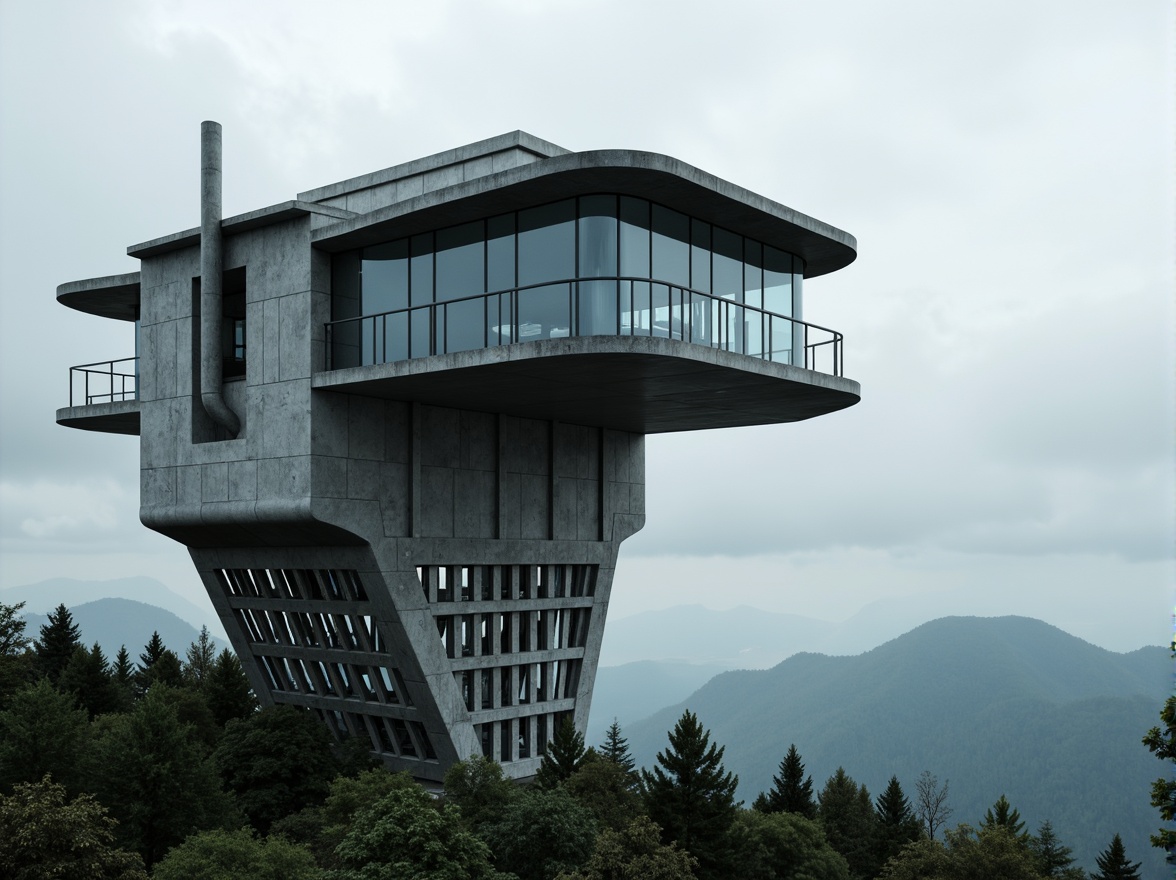 Prompt: Sleek watchtower, modernist architecture, reinforced concrete structures, angular lines, minimalist design, industrial materials, metallic latticework, futuristic aesthetics, panoramic views, elevated observation decks, cantilevered platforms, asymmetrical compositions, brutalist textures, dramatic lighting effects, moody atmospheric conditions, foggy mornings, overcast skies, 3/4 composition, wide-angle lens, high-contrast imagery, realistic renderings.