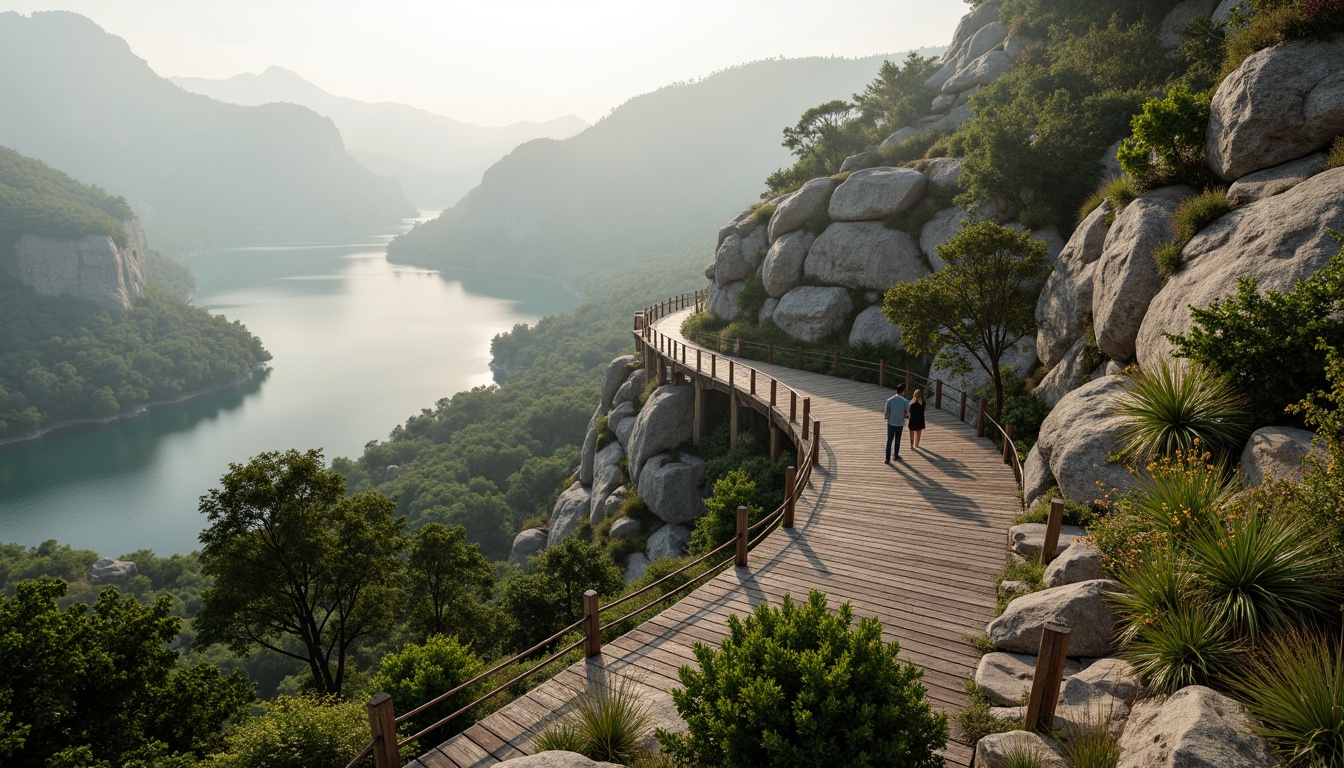 Prompt: Scenic viewing tower, harmonious landscape integration, lush greenery, winding stone paths, natural rock formations, weathered wooden decks, panoramic vistas, misty mountain backgrounds, serene lake reflections, rustic metal railings, earthy color palette, organic architecture, curved lines, blended boundaries, soft warm lighting, atmospheric depth of field, 1/1 composition, realistic textures, ambient occlusion.