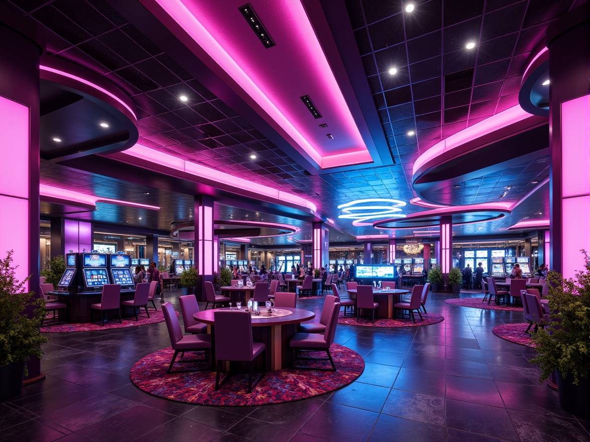 Prompt: Neon-lit casino interior, bold geometric shapes, vibrant color palette, metallic accents, glossy surfaces, futuristic ambiance, strobe lights, LED displays, luxurious textures, opulent furnishings, avant-garde architecture, postmodern design elements, dynamic patterns, contrasting colors, high-contrast lighting, shallow depth of field, 3/4 composition, panoramic view, realistic reflections, ambient occlusion.