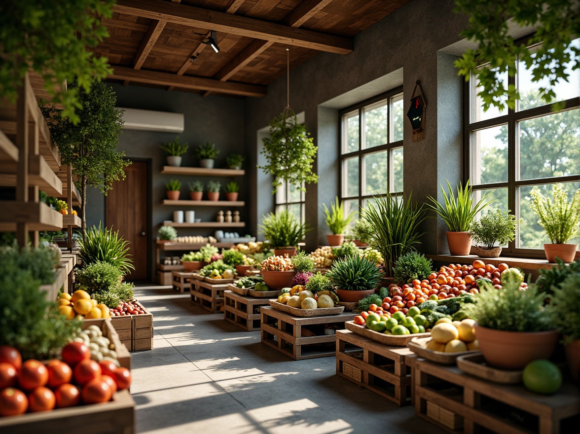 Prompt: Vibrant fresh produce, natural wood accents, polished concrete floors, industrial metal shelving, matte ceramic tiles, earthy terracotta planters, woven wicker baskets, rustic wooden crates, ambient softbox lighting, 1/2 composition, shallow depth of field, warm color temperature, abundant greenery, lively market atmosphere.