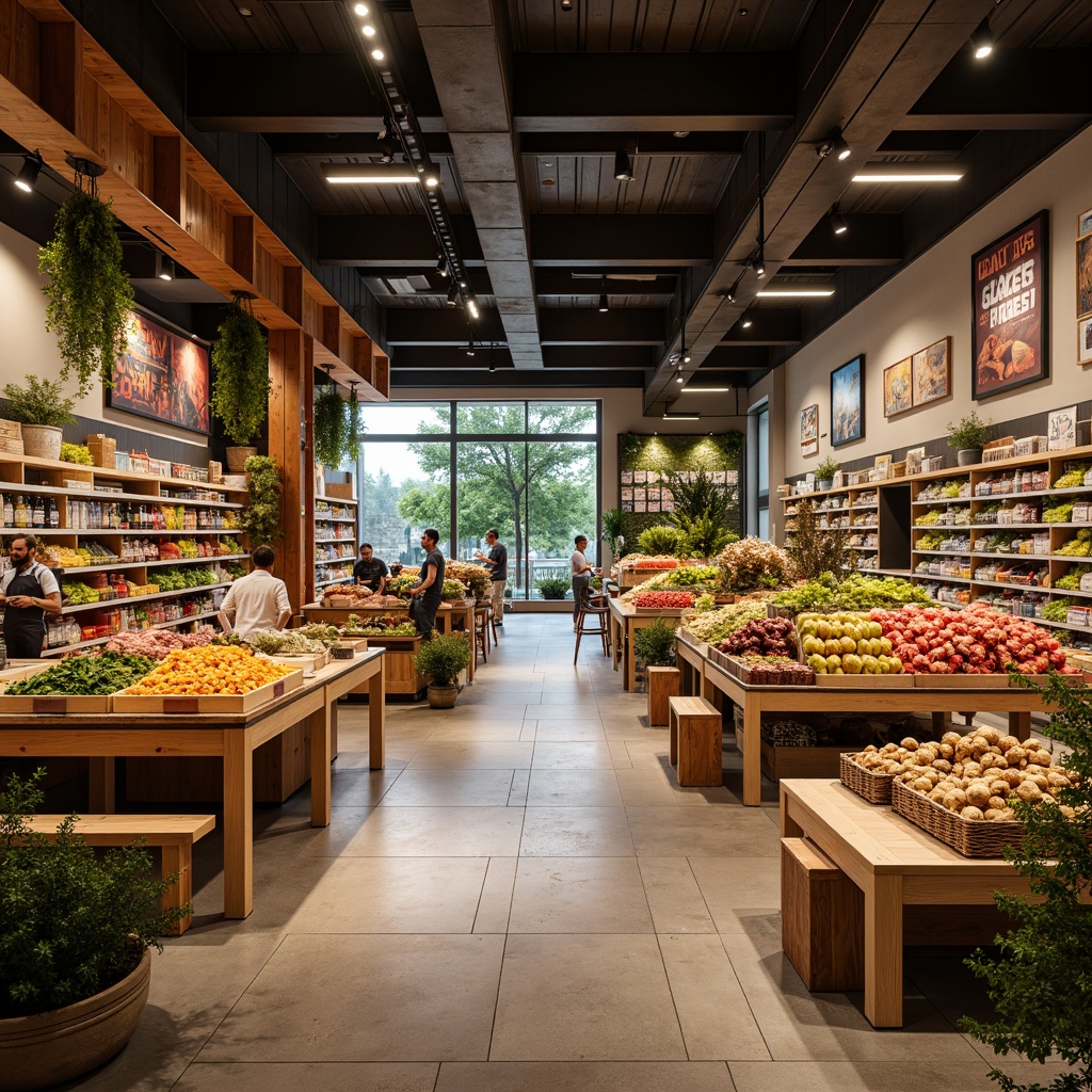 Prompt: Vibrant grocery store, warm earthy tones, rich wooden accents, fresh produce displays, crisp white shelves, bold signage, modern industrial lighting, polished concrete floors, natural stone walls, cozy corner seating, eclectic mix of textures, soft warm lighting, shallow depth of field, 1/2 composition, inviting atmosphere, realistic reflections.