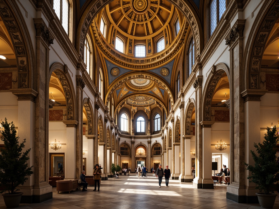 Prompt: Intricate stone carvings, ornate arches, grand domes, golden mosaics, vibrant frescoes, ornamental columns, richly textured stonework, decorative cornices, imposing entranceways, majestic bell towers, Byzantine-inspired patterns, warm golden lighting, soft shadows, 3/4 composition, shallow depth of field, realistic textures, ambient occlusion.