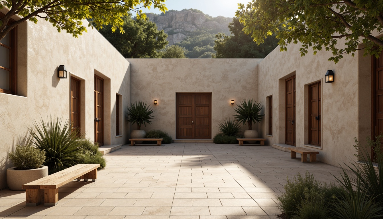 Prompt: Simple monastery courtyard, serene atmosphere, natural stone walls, wooden benches, minimalist architecture, clean lines, sparse decoration, muted color palette, warm soft lighting, subtle shadows, peaceful ambiance, rustic wooden doors, classic lanterns, subtle texture details, 1/1 composition, realistic rendering, ambient occlusion.