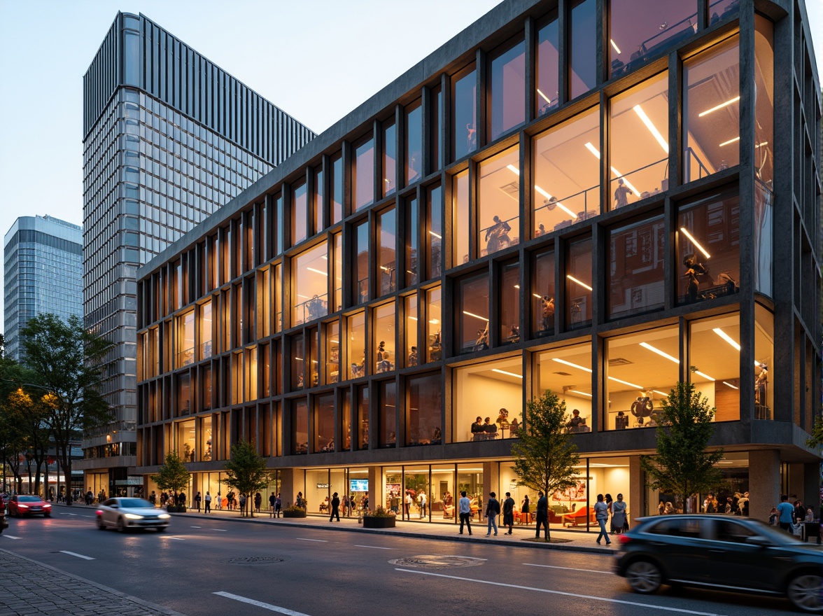 Prompt: Vibrant gymnasium facade, expressive curved lines, bold dynamic shapes, irregular geometric patterns, contrasting material textures, exposed concrete structures, steel frame accents, industrial-style windows, asymmetrical compositions, dramatic shading effects, warm golden lighting, intense color contrasts, futuristic athletic equipment, urban cityscape background, busy street activity, blurred motion blur, shallow depth of field, 1/2 composition, cinematic camera angles.