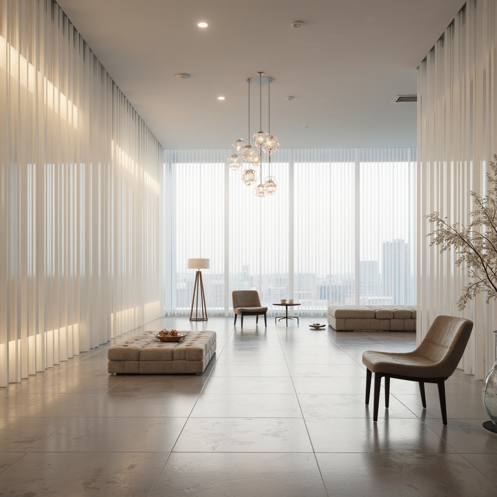 Prompt: Ethereal translucent walls, soft diffused lighting, minimalist interior, sleek modern furniture, polished marble floors, delicate glass chandeliers, subtle texture variations, layered opacity effects, ambient illumination, shallow depth of field, 1/2 composition, panoramic view, realistic reflections, atmospheric scattering.