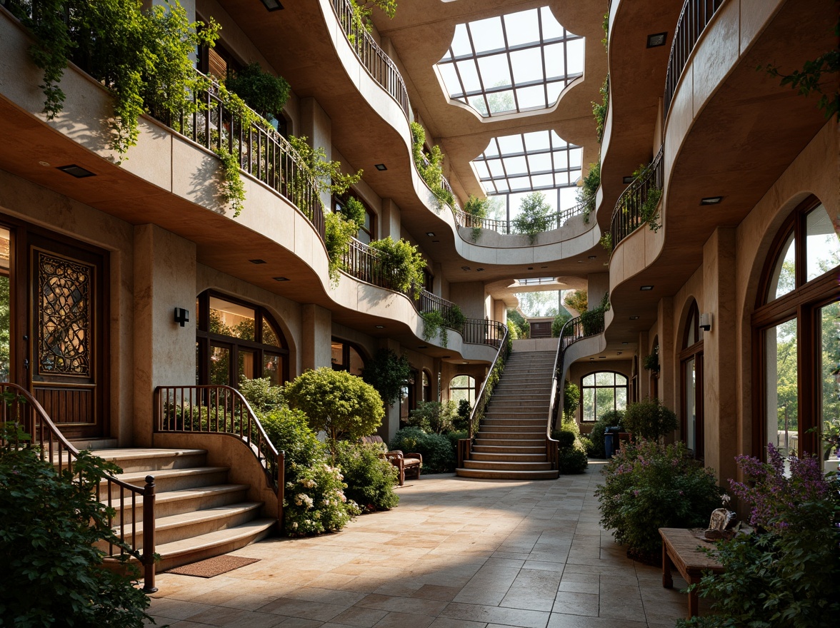 Prompt: Ornate Art Nouveau building, flowing organic lines, sinuous curves, natural light pouring through stained glass windows, intricate metalwork, ornamental iron doors, grand staircase, lush greenery, vines crawling up walls, blooming flowers, soft warm illumination, shallow depth of field, 3/4 composition, panoramic view, realistic textures, ambient occlusion.