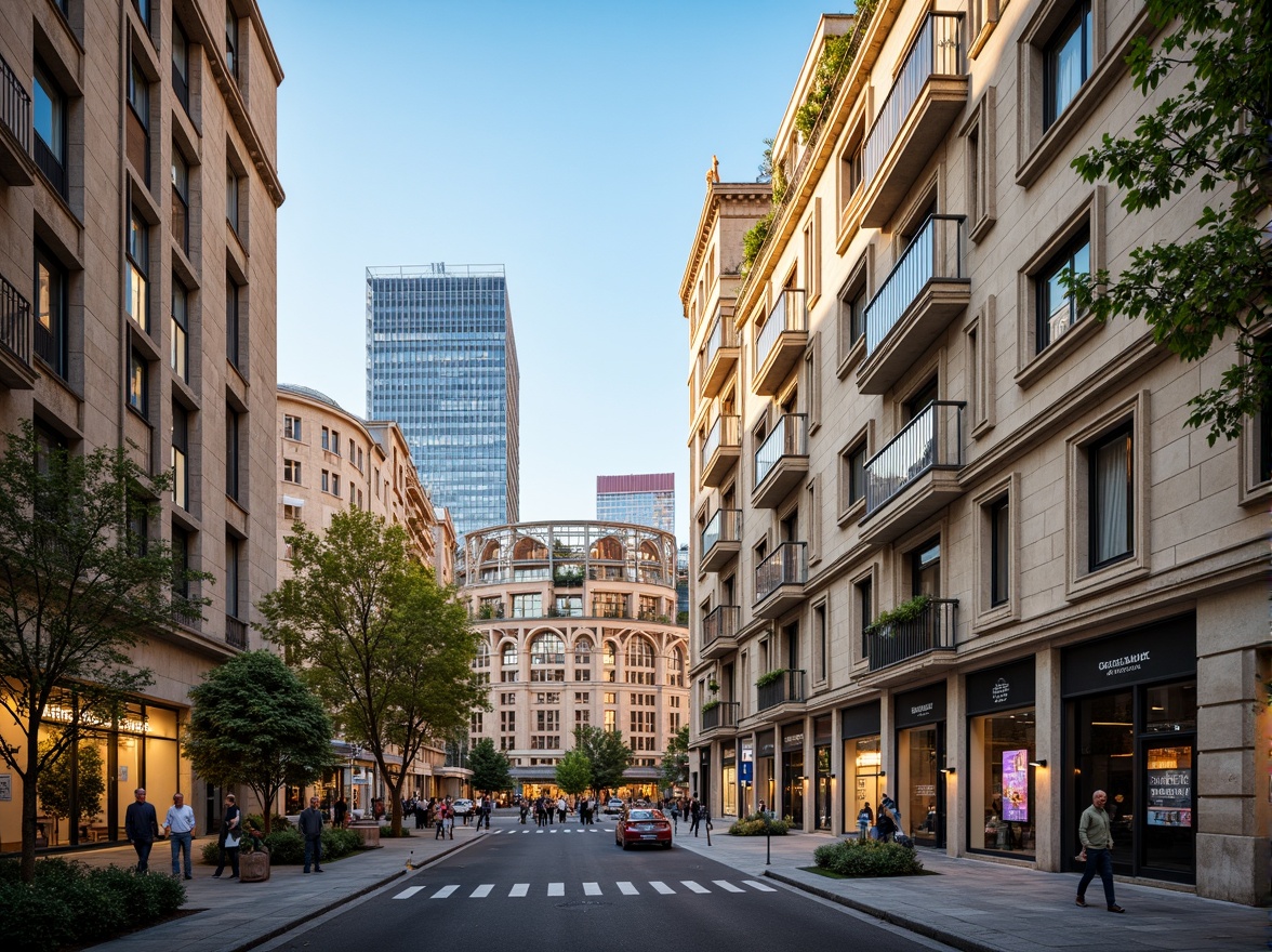 Prompt: Grandiose Renaissance-style buildings, ornate stone carvings, intricately designed facades, classical columns, grand archways, vibrant cityscape, bustling streets, modern urban infrastructure, pedestrian-friendly sidewalks, lush greenery, streetlights, warm evening ambiance, soft golden lighting, 1/2 composition, realistic textures, ambient occlusion.