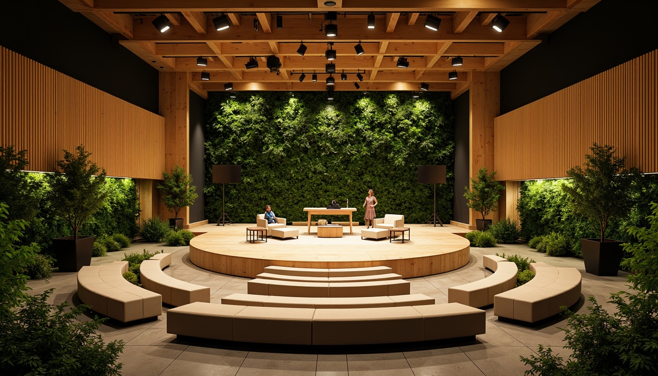 Prompt: Eco-friendly theater, lush green walls, natural bamboo flooring, reclaimed wood accents, energy-efficient LED lighting, solar panels, living roofs, rainwater harvesting systems, organic fabric seating, low-VOC paints, FSC-certified wood materials, sound-absorbing acoustic panels, minimalist decor, circular stage design, warm soft lighting, 1/1 composition, shallow depth of field, realistic textures, ambient occlusion.